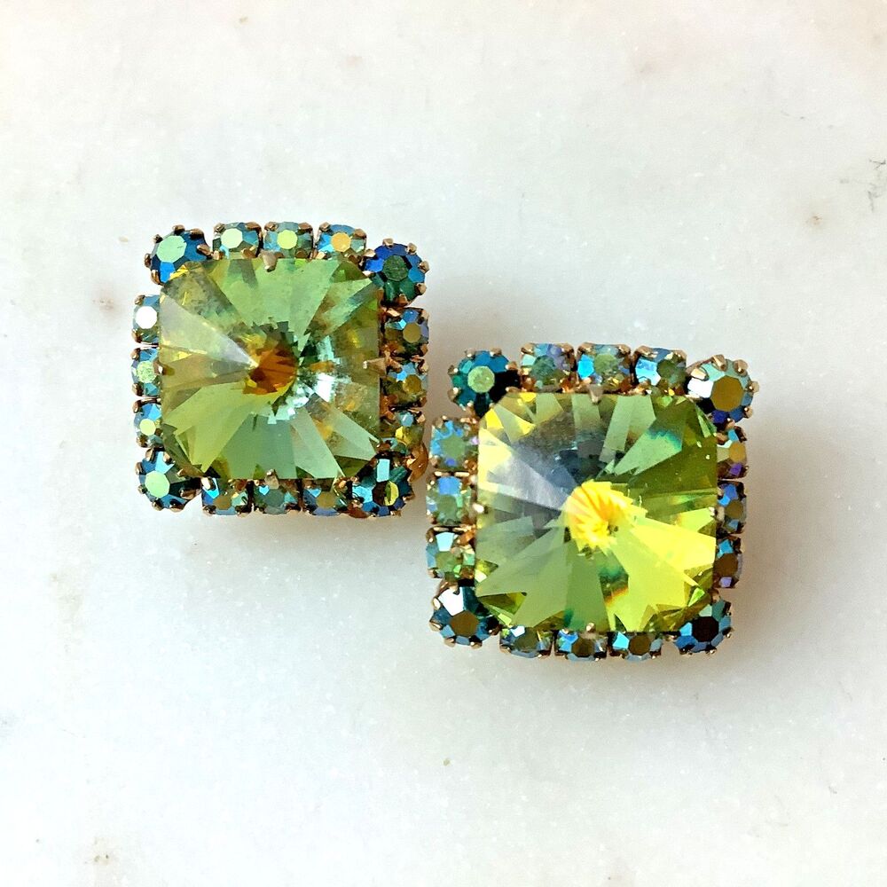 Rivoli Rhinestone Earrings Vintage Clip On Mid Century Green Watermelon AB Blue